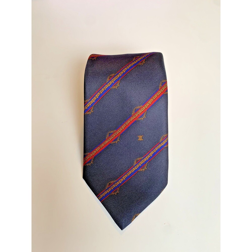 Celine Paris Silk Tie Vintage Gray Red Blue Diagonal Stripe Geometric Pattern